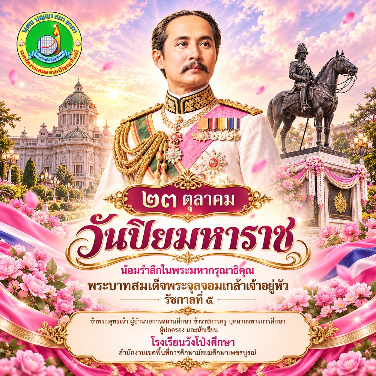 ๒๓ ตุลาคม “วันปิยมหาราช” น้อมรำลึกในพระมหากรุณาธิคุณอันยิ่งใหญ่ พระบาทสมเด็จพระจุลจอมเกล้าเจ้าอยู่หัว  เนื่องในวันคล้ายวันสวรรคตของพระบาทสมเด็จพระจุลจอมเกล้าเจ้าอยู่หัว รัชกาลที่ ๕  น้อมรำลึกในพระมหากรุณาธิคุณอันหาที่สุดมิได้